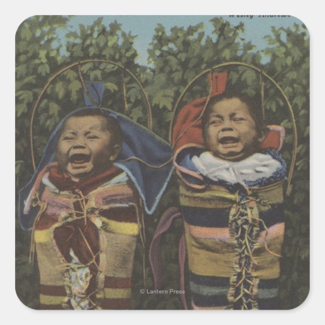 Indian Twins in Papooses & "Just Crying�" Square Sticker (Front)