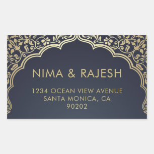 Indian Wedding Address Labels, Blue and Gold Rectangular Sticker