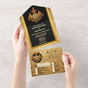 Indian wedding black gold damask elephants luxury all in one invitation