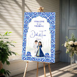 Indian wedding blue and white welcome sign<br><div class="desc">Blue and white  cute bridal couple caricature Indian wedding welcome sign board</div>