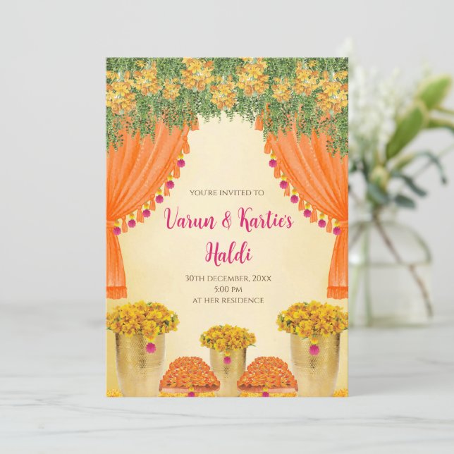 Indian wedding cards Haldi ceremony invitations (Standing Front)