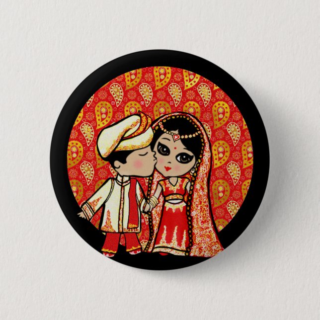 Indian Wedding Cute Bride Groom Cartoon Button (Front)