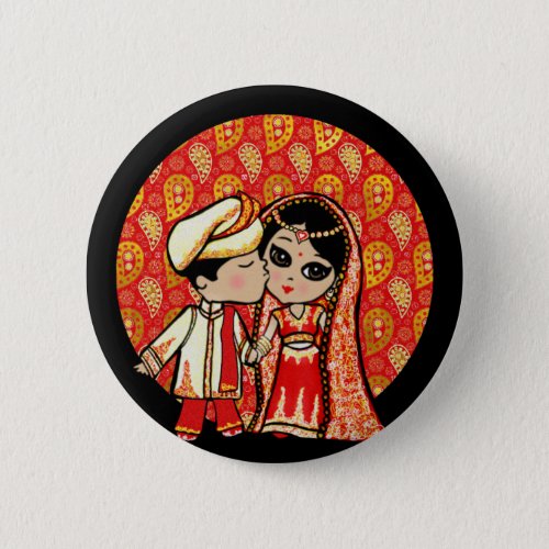 Indian Wedding Cute Bride Groom Cartoon Button