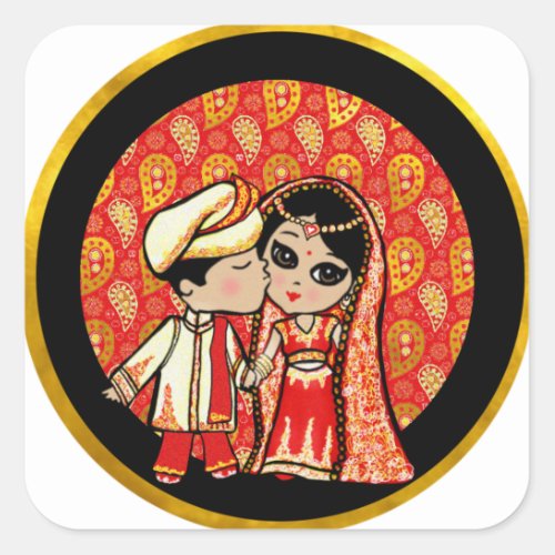 Indian Wedding Cute Bride Groom Cartoon Customized Square Sticker