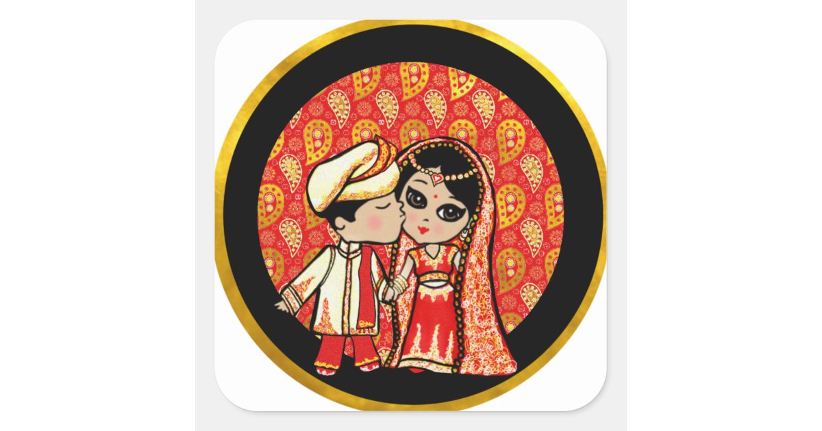 Indian Wedding Cute Bride Groom Cartoon Customized Square Sticker | Zazzle