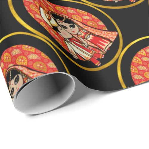 Indian Wedding Cute Bride Groom Cartoon Customized Wrapping Paper