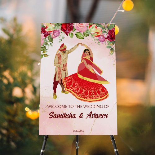 Indian wedding dancing Hindu couple welcome sign 