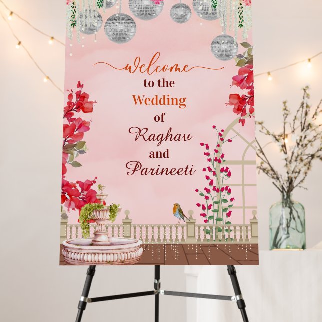Indian Wedding Decor Welcome Sign Board Pink (In Situ (Stand))