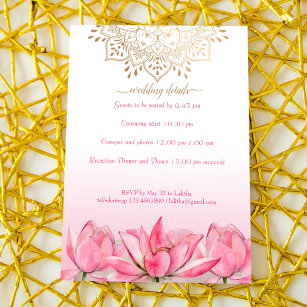 Indian wedding details RSVP lotus gold mandala Invitation