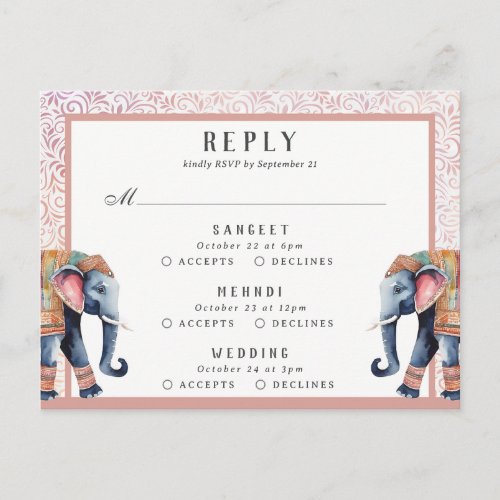 Indian Wedding Elephant Multi Event RSVP Response Postcard
