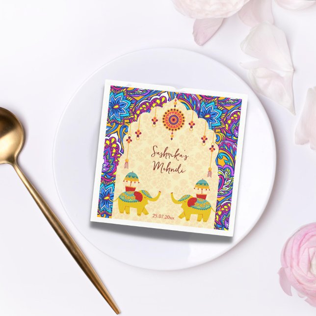 Indian wedding elephants blue pattern personalized napkins (Indian wedding personalized napkins whimsical playful wedding elephants arch border oriental pattern)