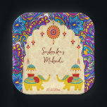 Indian wedding elephants blue pattern personalized paper plates<br><div class="desc">Playful Indian wedding elephants blue and yellow personalized name paper plates,   yellow pattern background,  cute wedding elephants,  for table decor for mehndi,  haldi or wedding.</div>