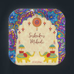 Indian wedding elephants blue pattern personalized paper plates<br><div class="desc">Playful Indian wedding elephants blue and yellow personalized name paper plates,   yellow pattern background,  cute wedding elephants,  for table decor for mehndi,  haldi or wedding.</div>