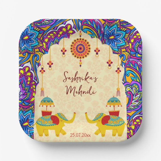 Indian wedding elephants blue pattern personalized paper plates (Front)