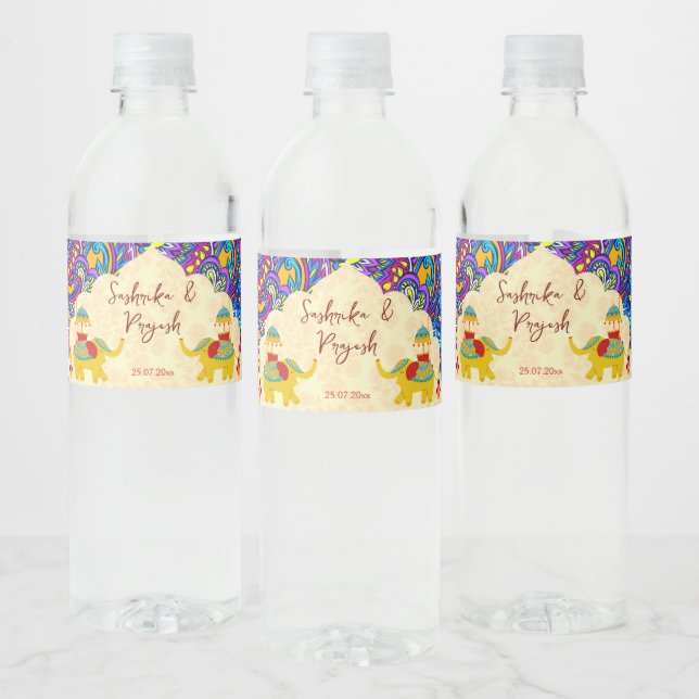 Indian wedding elephants blue pattern personalized water bottle label (Bottles)