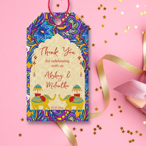 Indian wedding elephants blue yellow thank you gift tags