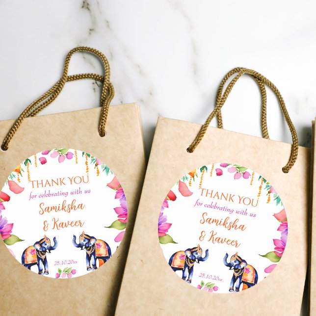 Indian wedding elephants cerise flowers favor gift classic round sticker (Indian wedding elephants cerise flowers wedding favor gift thank you stickers Indian wedding favors)