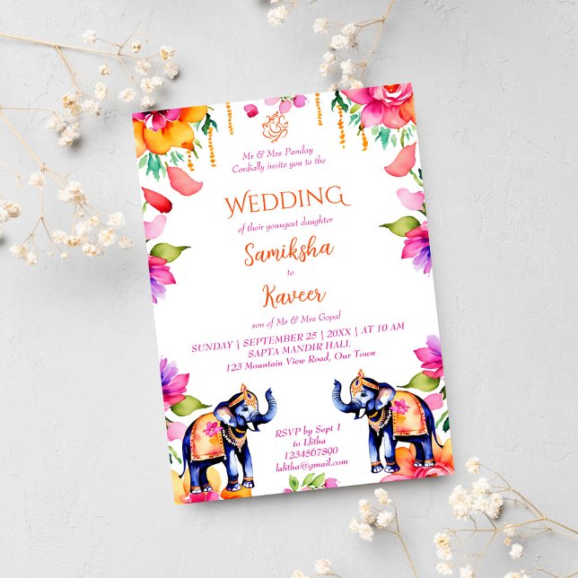 Indian wedding elephants cerise flowers template (Indian wedding ornate elephants template invitation digital download cerise modern watercolor pretty)