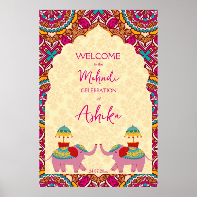 Indian wedding elephants colourful welcome sign (Front)