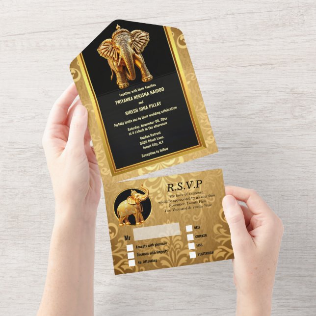 Indian wedding elephants luxury black gold chic all in one invitation (Tearaway)