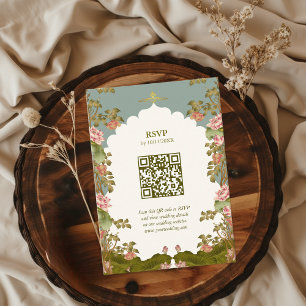 Indian Wedding Floral Lotus Oriental QR code RSVP Enclosure Card
