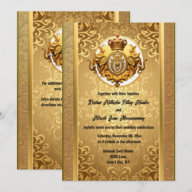 Indian wedding gold black elephants damask elegant invitation (Front/Back)