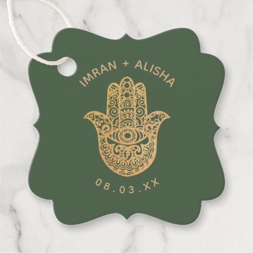 Indian Wedding Gold Bottle Green hamsa Henna Favor Tags