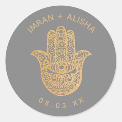 Indian Wedding Gold Gray hamsa Henna Classic Round Sticker