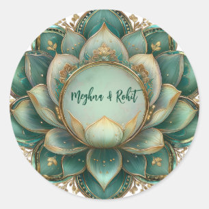 Indian Wedding Gold Green Lotus Classic Round Sticker
