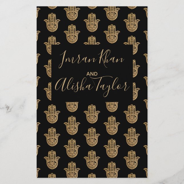 Indian Wedding Gold hamsa Henna Announcement Stationery (Front)