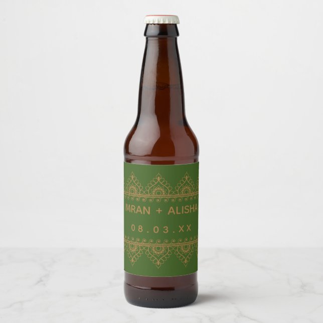 Indian Wedding Gold Henna Paisley Green Beer Bottle Label (Front)