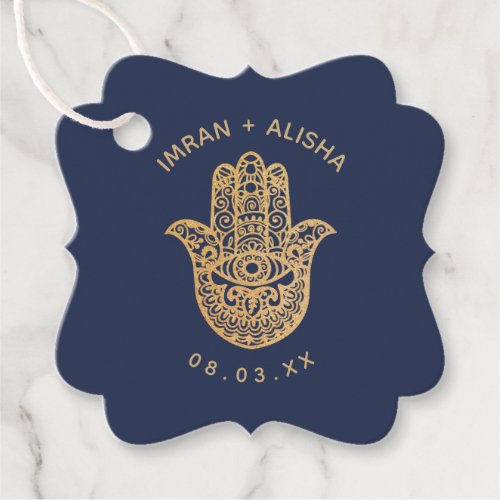 Indian Wedding Gold Navy Blue hamsa Henna Favor Tags