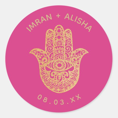 Indian Wedding Gold Pink hamsa Henna Classic Round Sticker