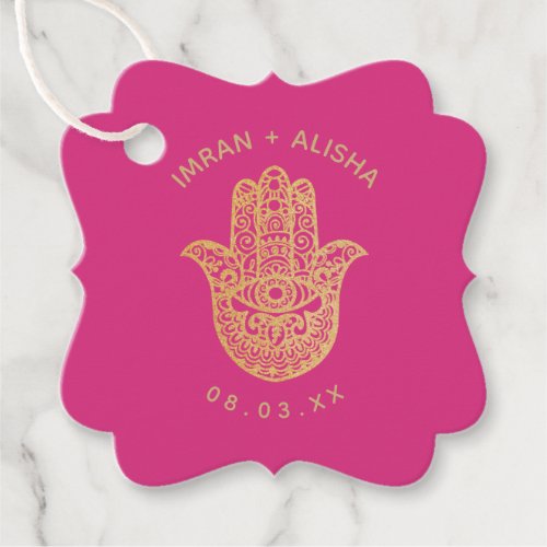 Indian Wedding Gold Pink hamsa Henna Favor Tags