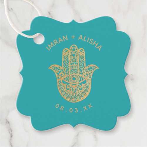 Indian Wedding Gold Turquoise hamsa Henna Favor Tags