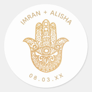 Indian Wedding Gold White hamsa Henna Classic Round Sticker