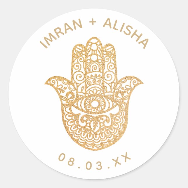 Indian Wedding Gold White hamsa Henna Classic Round Sticker (Front)
