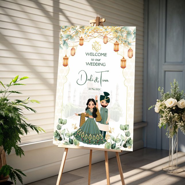 Indian wedding green gold welcome sign (Indian wedding green gold lanterns white welcome sign board cute caricature welcome board)