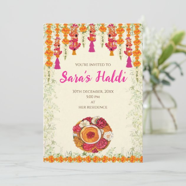 Haldi Ceremony Standee Card with Traditional Attire, Marigold and Sunflower  Decor, Couple Doodles on a Saffron Yellow and White Backdrop.