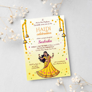 Indian wedding Haldi pithi bride cartoon Invitation