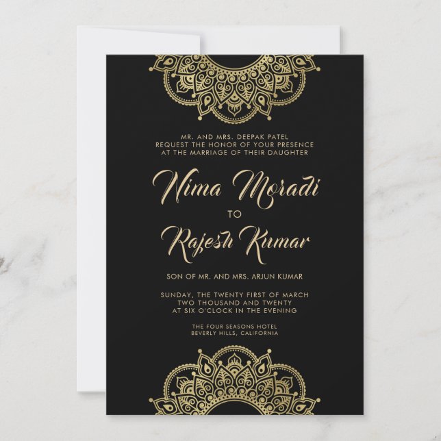 Indian Wedding Invitation, Black, Gold, Mandala Invitation (Front)