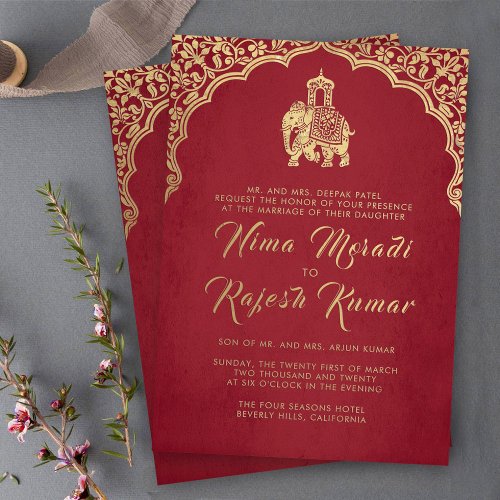 Indian Wedding Invitation Red Gold Ganesha  Foil Invitation