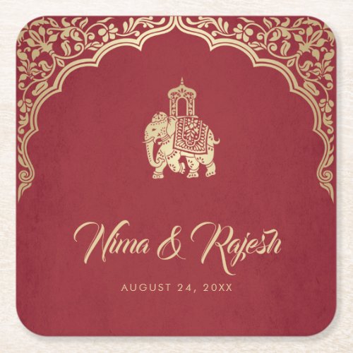 Indian Wedding Invitation, Red, Gold, Ganesha Square Paper Coaster