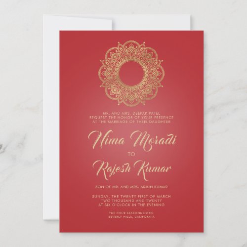 Indian Wedding Invitation Red Gold Mandala Invitation