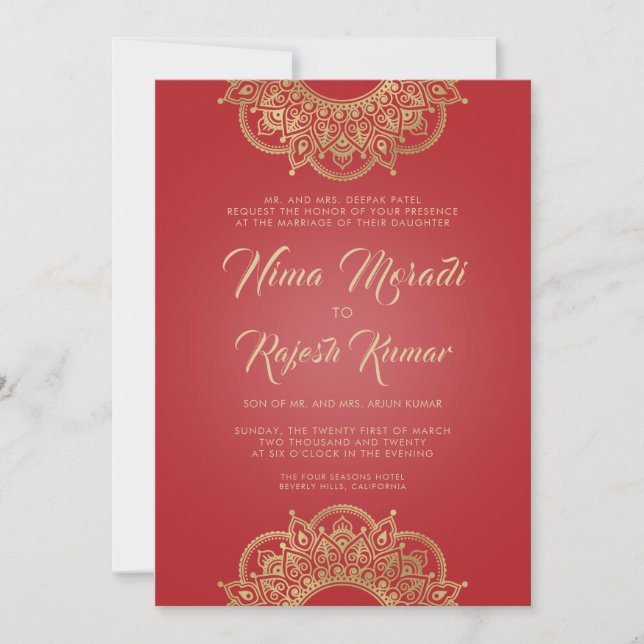Indian Wedding Invitation, Red, Gold, Mandala Invitation (Front)