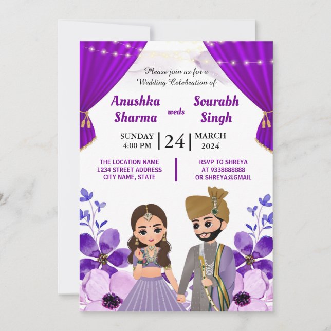 Indian Wedding Invitation With Cute Caricature (Front)