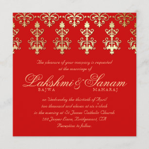 Indian Wedding Invite Damask Gold Autumn Red
