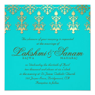 Indian Wedding Invite Damask Gold Autumn Teal