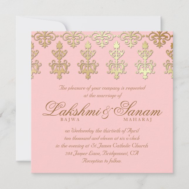 Indian Wedding Invite Damask Gold Baby Pink (Front)