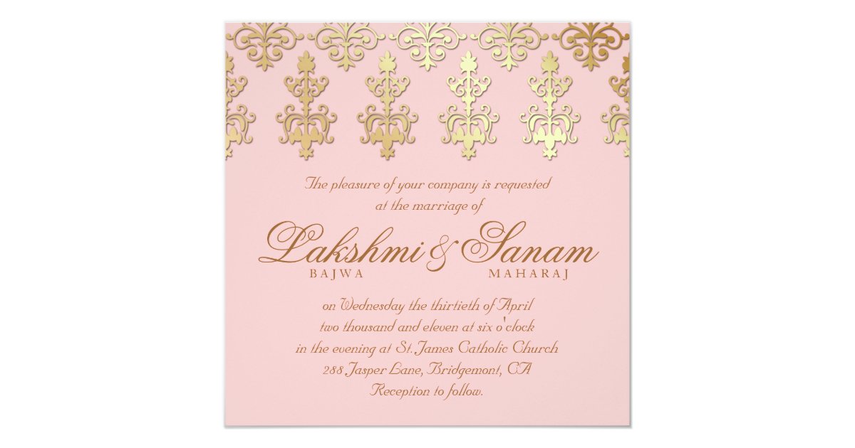 Indian Wedding Invite Damask Gold Baby Pink Zazzle Com